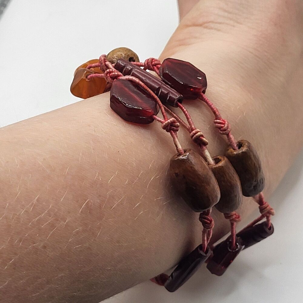 Multi-strand Carnelian Wood Beaded Bracelet Anklet Red cord 9in - Picture 4 of 6